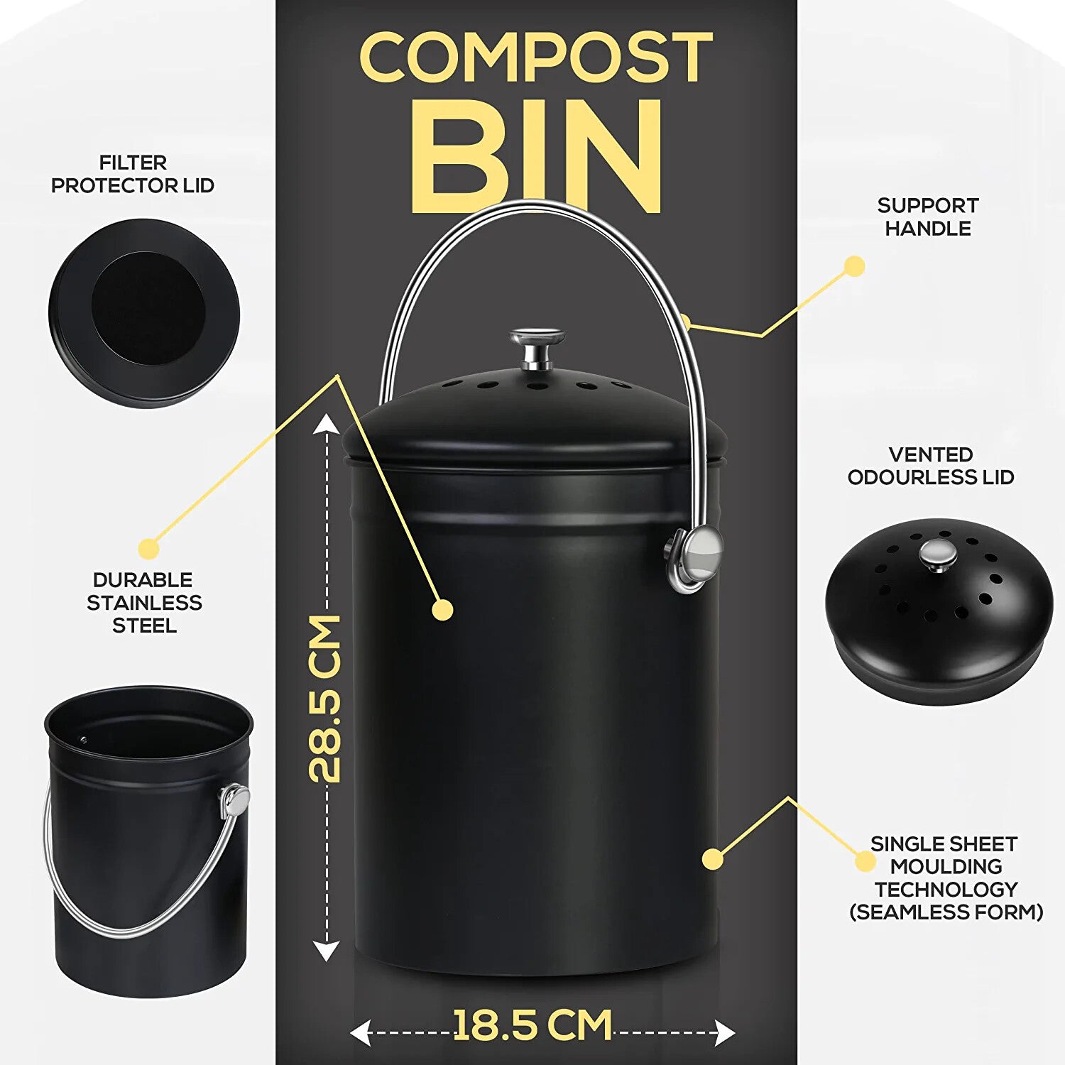 Compost Bin with Lid and 1.3 Gallon Compose Spare Charcoal Filter Utopia Kitchen