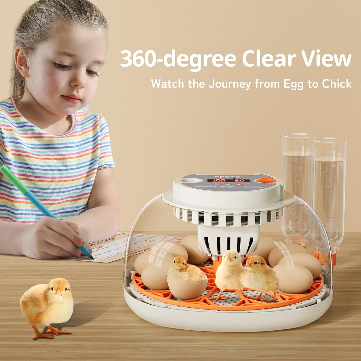 Egg Incubator with Temperature and Humidity Control, Automatic Egg Turner, Egg Candler, External Water Bottle Refill, Air Vent, 360° Clear View, Hatching Chicken Duck Quail Bird,  HatchPro 12