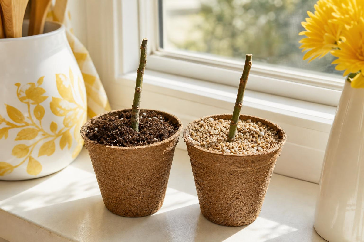 Two peat pots with bare leafless lemon tree cuttings in two different growing mediums on a sunny windowsill