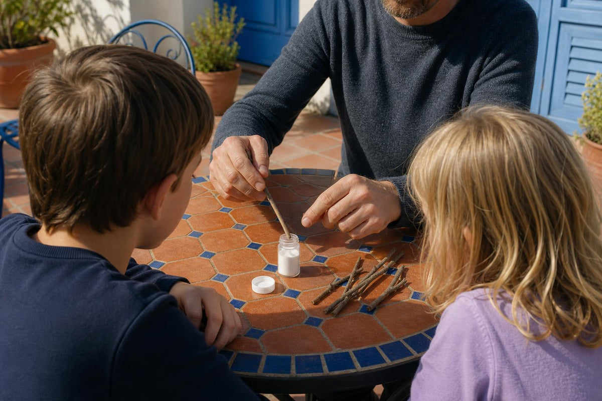 A parent and two children at a sunny patio table dipping a bare, leafless olive tree cutting into rooting powder