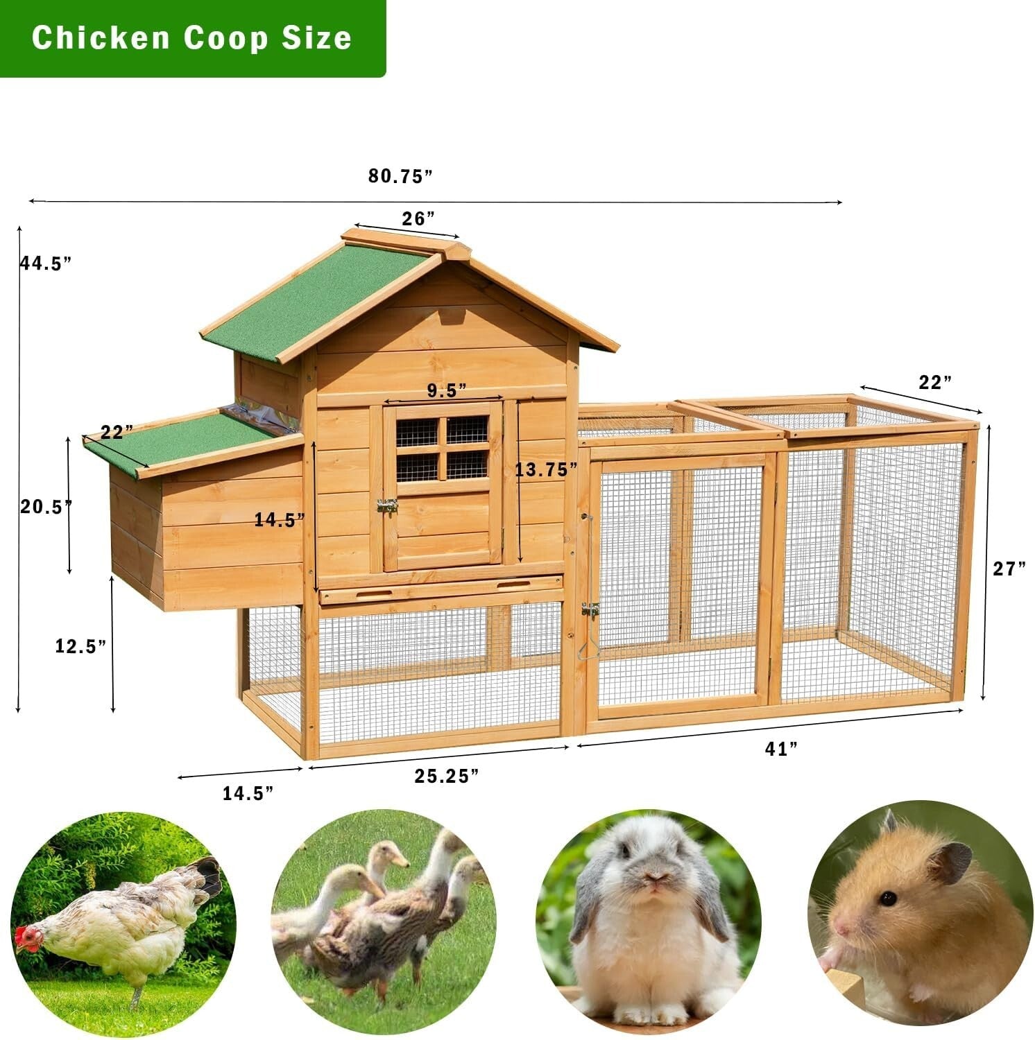 80'' Wooden Chicken Coop w/Nesting Box&Run for 2-4 Chickens,Large Hen House Cage