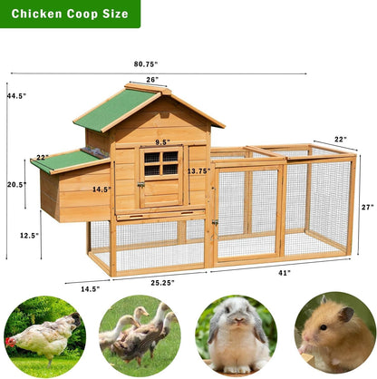 80'' Wooden Chicken Coop w/Nesting Box&Run for 2-4 Chickens,Large Hen House Cage
