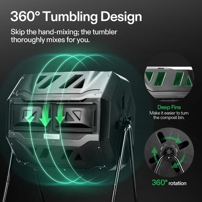 Outdoor Tumbling Composter Dual Rotating Batch Compost Bin, 43 Gallon Black Door