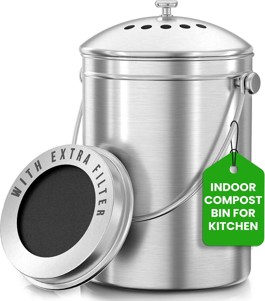 Compost Bin for Kitchen Countertop, 1.3 Gallon Compost Bucket for Kitchen with Lid, Includes 1 Spare Charcoal Filter, Home Essentials - (Silver)
