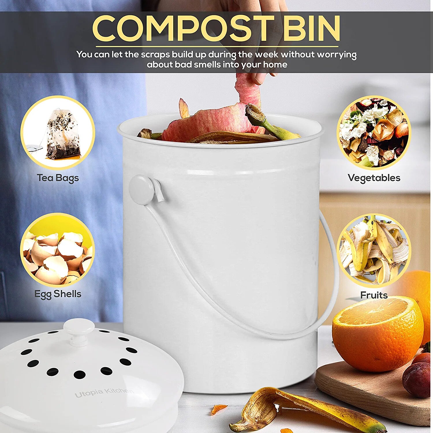 Compost Bin with Lid and 1.3 Gallon Compose Spare Charcoal Filter Utopia Kitchen