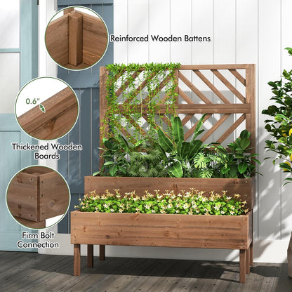 Raised Garden Bed with Trellis & 2 Planter Boxes, 2-Tier Outdoor Wooden Elevated Planter Box with Legs & Drainage Holes, Gardening Planters for Flowers, Herbs, Vegetables & Fruits(Brown)