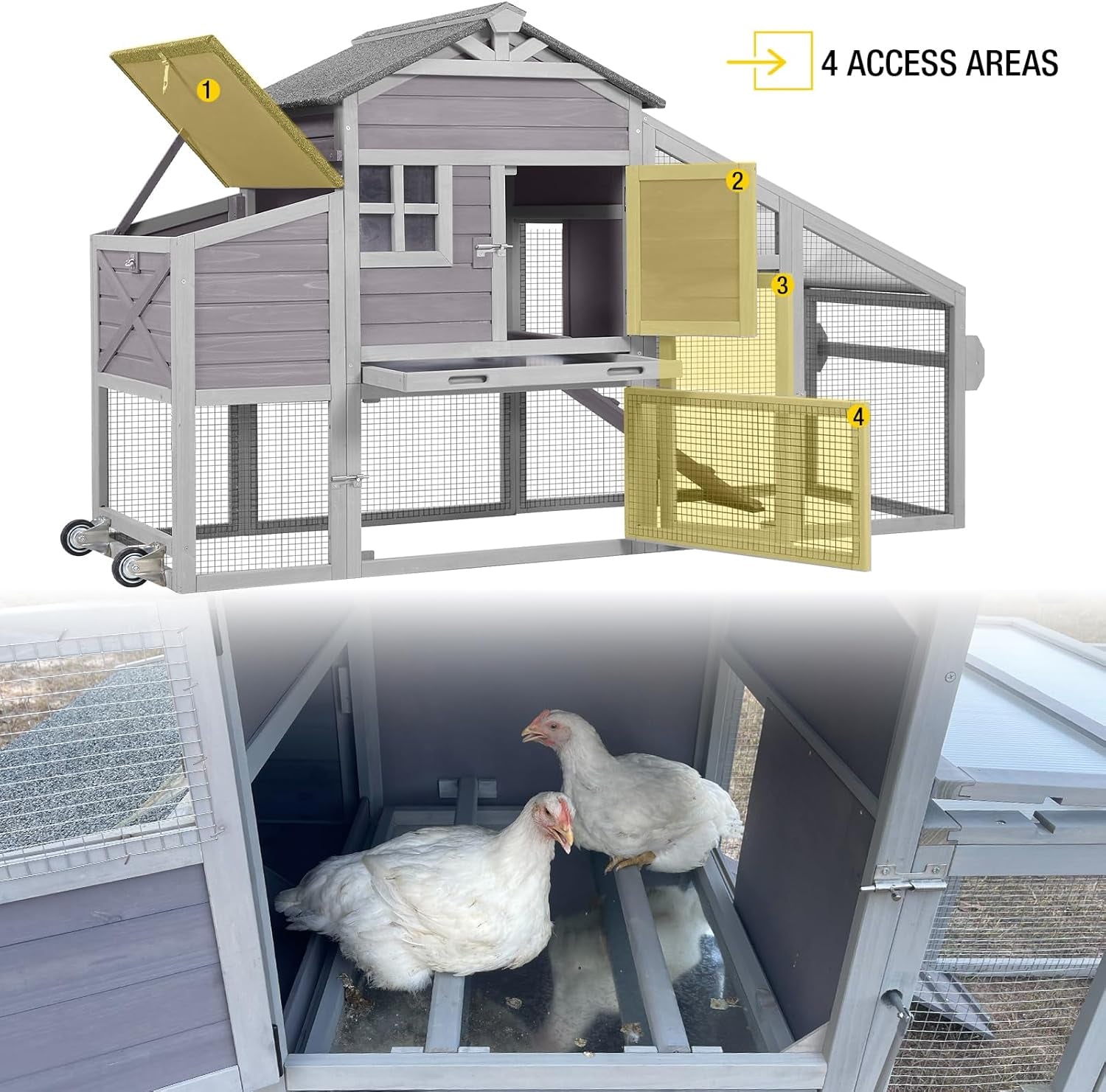Chicken Coop Mobile Chicken House on Wheels Expandable Wooden Poultry Cage with Large Nesting Box Leakproof Pull-Out Tray Rabbit Hutch Bunny Cage,UV-Resistant Roof，Grey