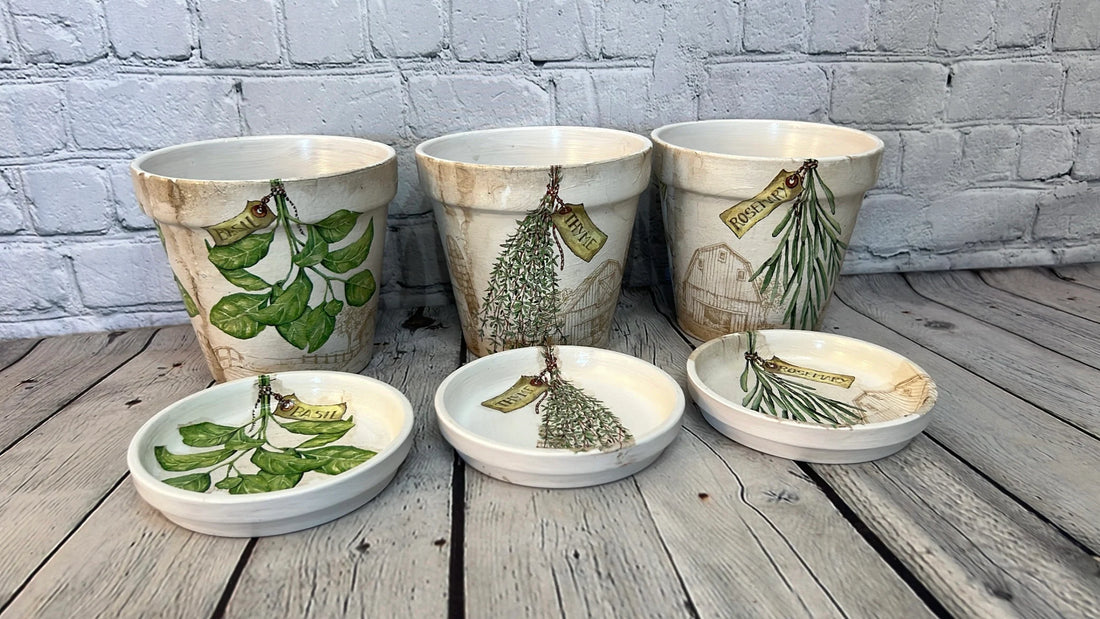 Handcrafted Terracotta pots with Herb inspired decoupage design