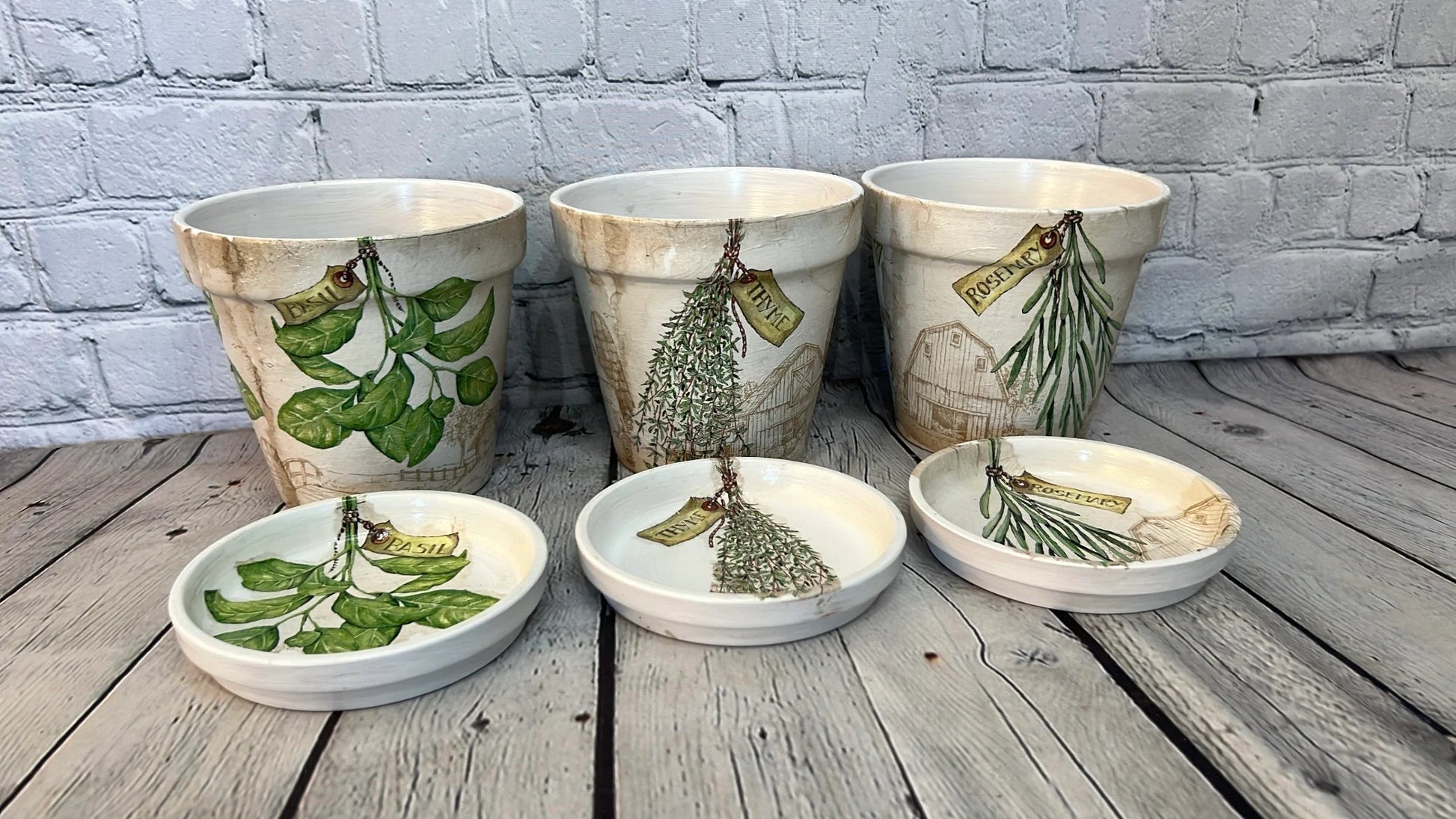 Handcrafted Terracotta pots with Herb inspired decoupage design