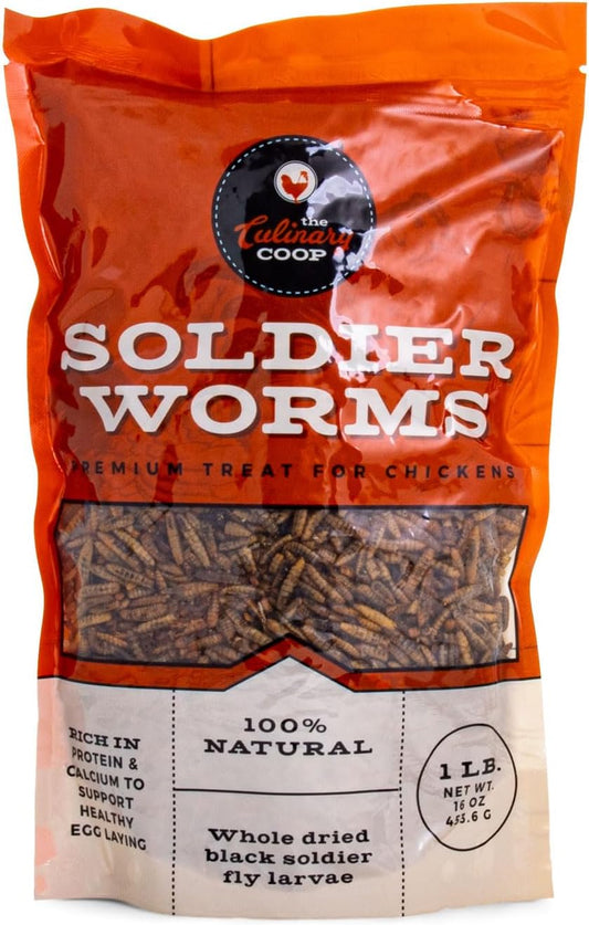 Culinary Coop Premium Chicken Treats, Dried Soldier Worms, Packed with Protein and Calcium, 100% Natural Rich Grubs for Chicken, Backyard Birds, and Reptiles, 16 oz