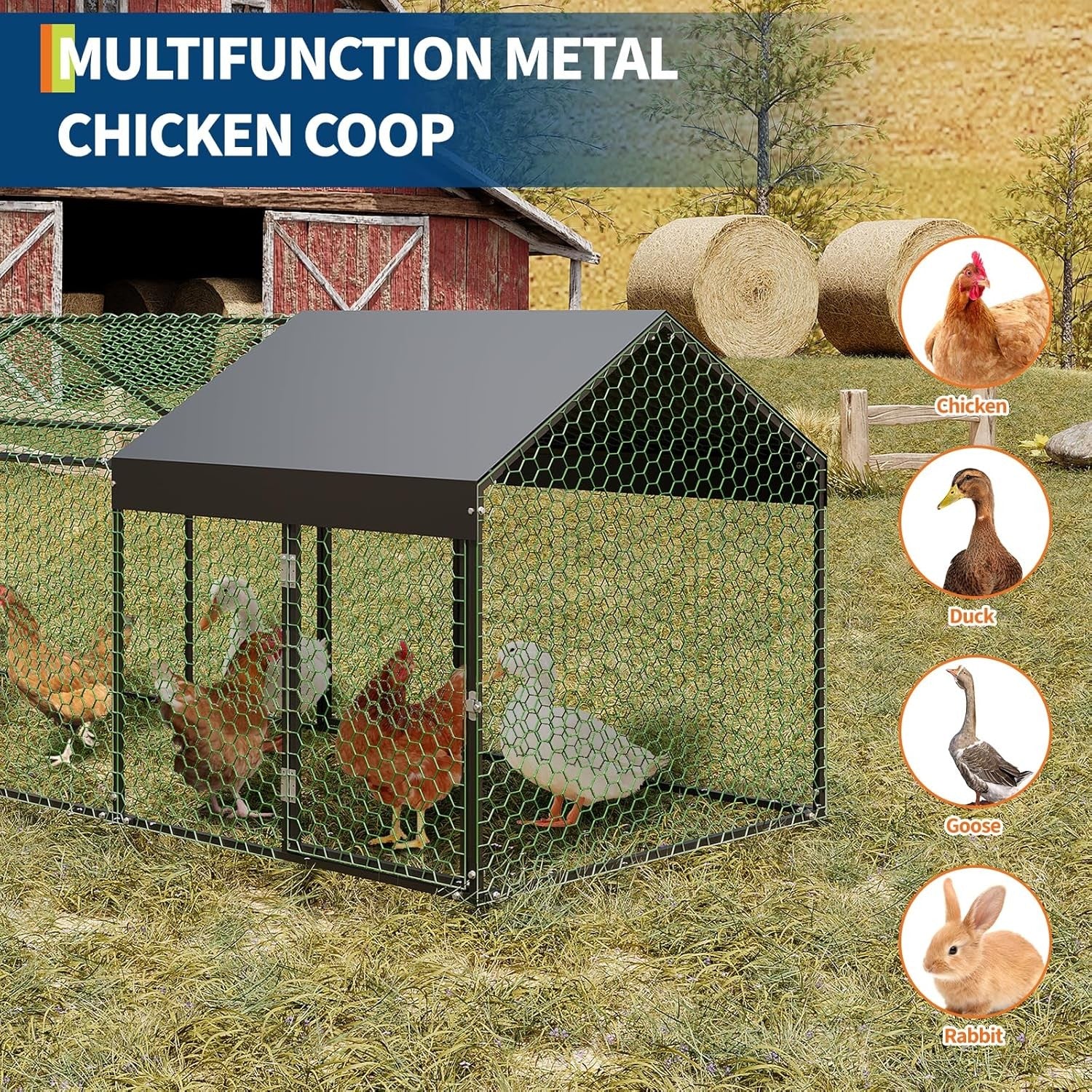 Metal Chicken Coop Walk In Chicken Run Outdoor Hen House Habitat Cage W/ Cover