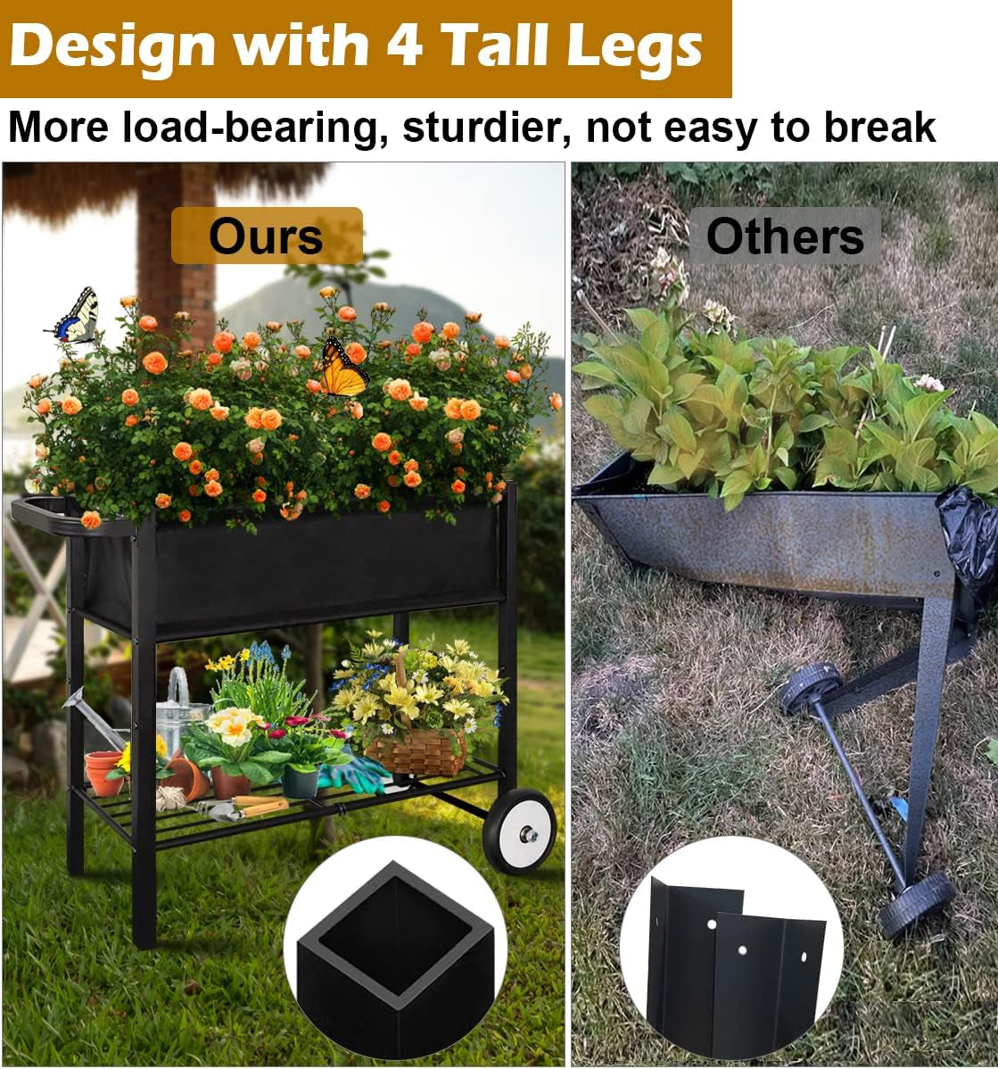 Outdoor Raised Planter Bed Box with Legs for Gardening, Elevated DIY Garden Cart on Wheels for Vegetables Flower Tomato Herb Plant, Black