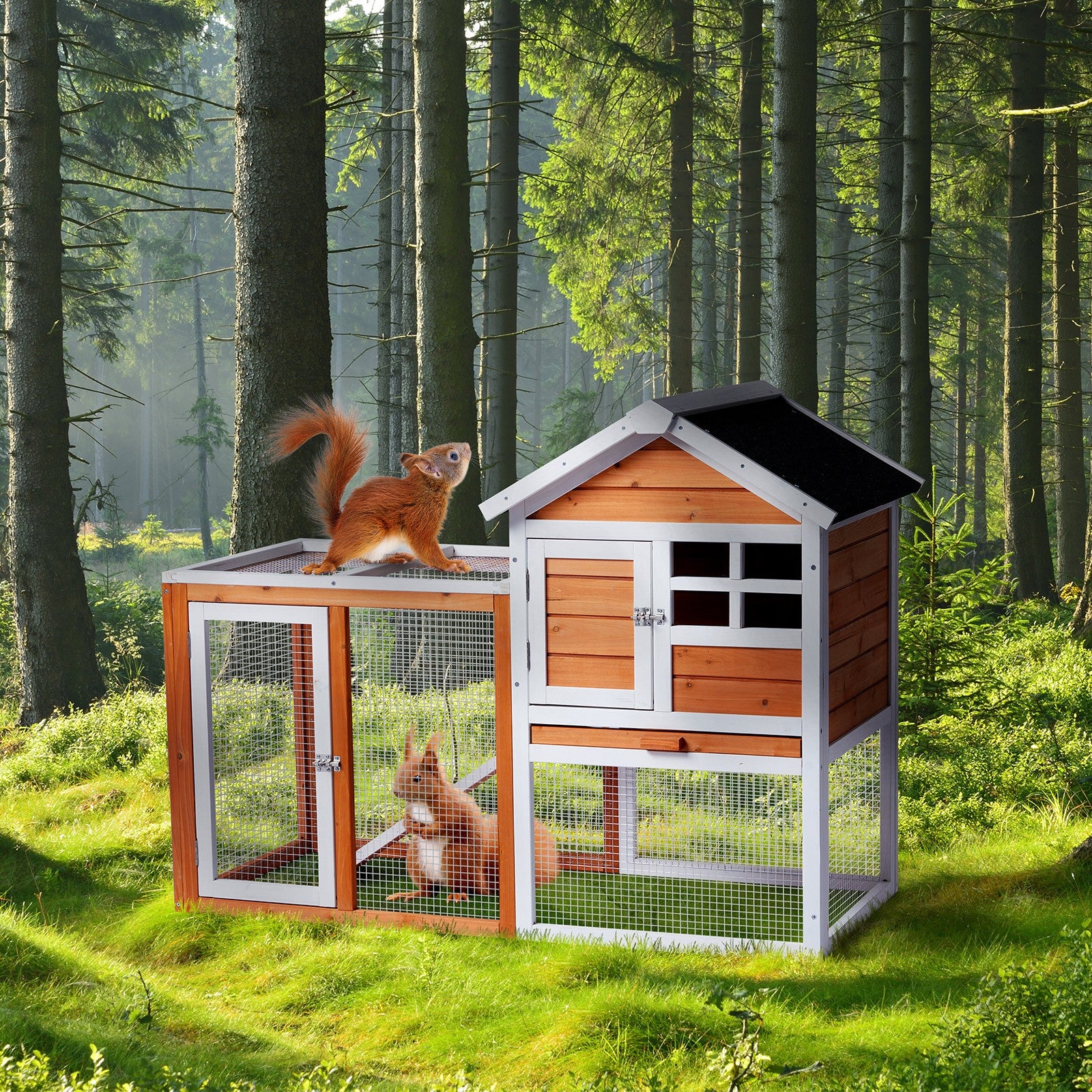 47" Wooden Rabbit Hutch Outdoor Chicken Coop Indoor Bunny Cage Pet House w/ Run