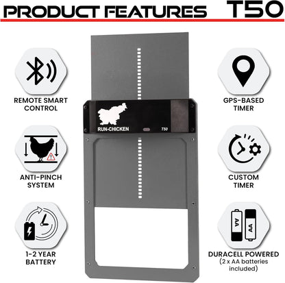 Door Automatic Chicken Coop Door Opener with Timer, Programmable Light Sensor, Battery Powered, Evening and Morning Delay, Aluminum , Model T50, (Gray)