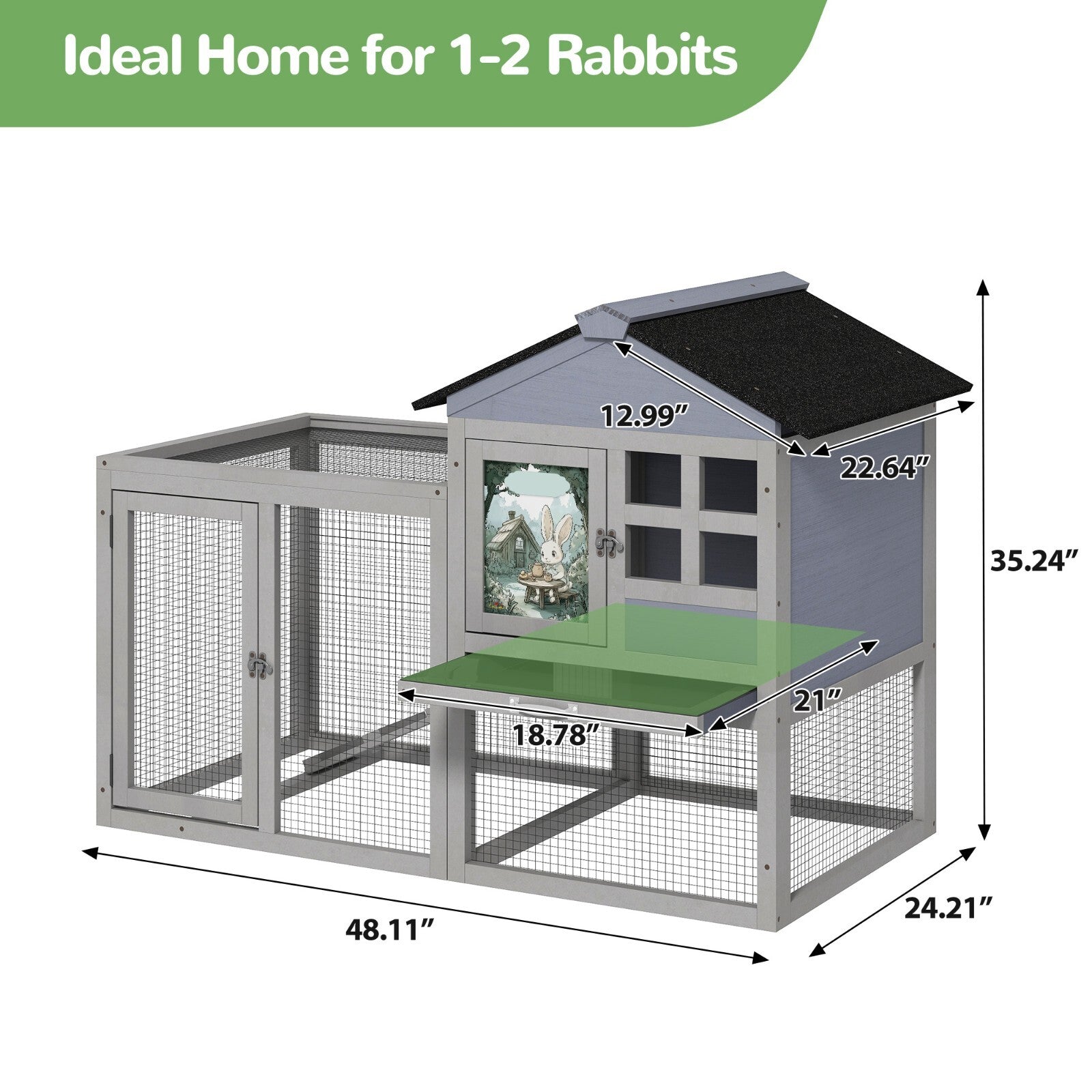 48"L Wooden Rabbit Hutch Large Chicken Coop W/ Removable Tray&Roof In/Outdoor