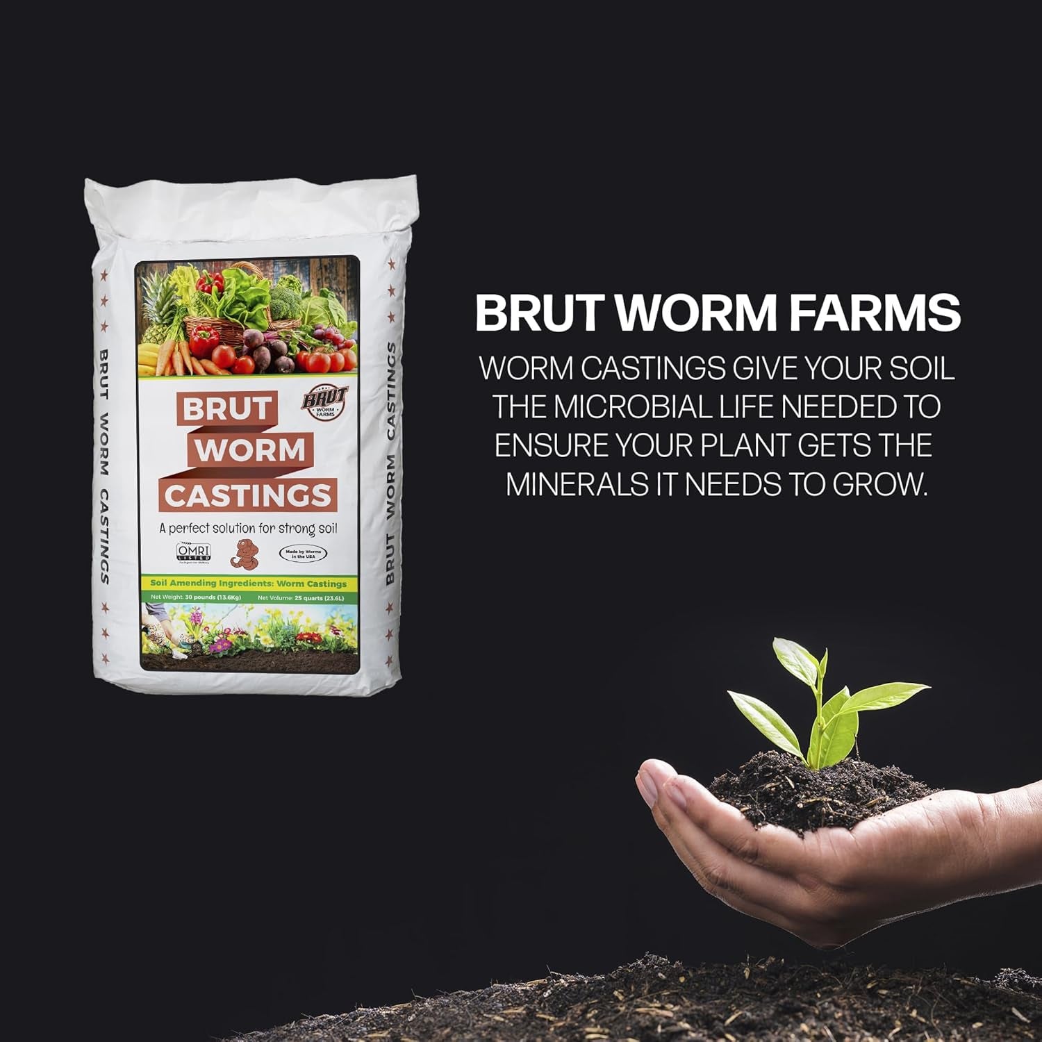 Brut Organic Worm Castings – 30 LB – Natural Nutrients, Fertility Builder, Plant Food for Potting Soil, Garden Soil, Indoor and Outdoor Use