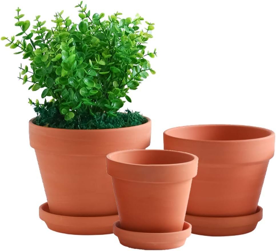 Large Terracotta pos with Drainage Hole and Saucers,Ceramic Clay Planter Pots for Indoor/Outdoor Plants,6 Inch & 7 Inch & 8 Inch,Set of 3