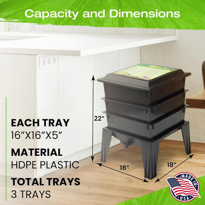 ® Basic 3 Tray Black Worm Composter – US Made, Fully Assembled System for Home Food Waste Recycling – Includes Accessories for Odor-Free Vermicomposting – Durable, Space-Efficient Design.
