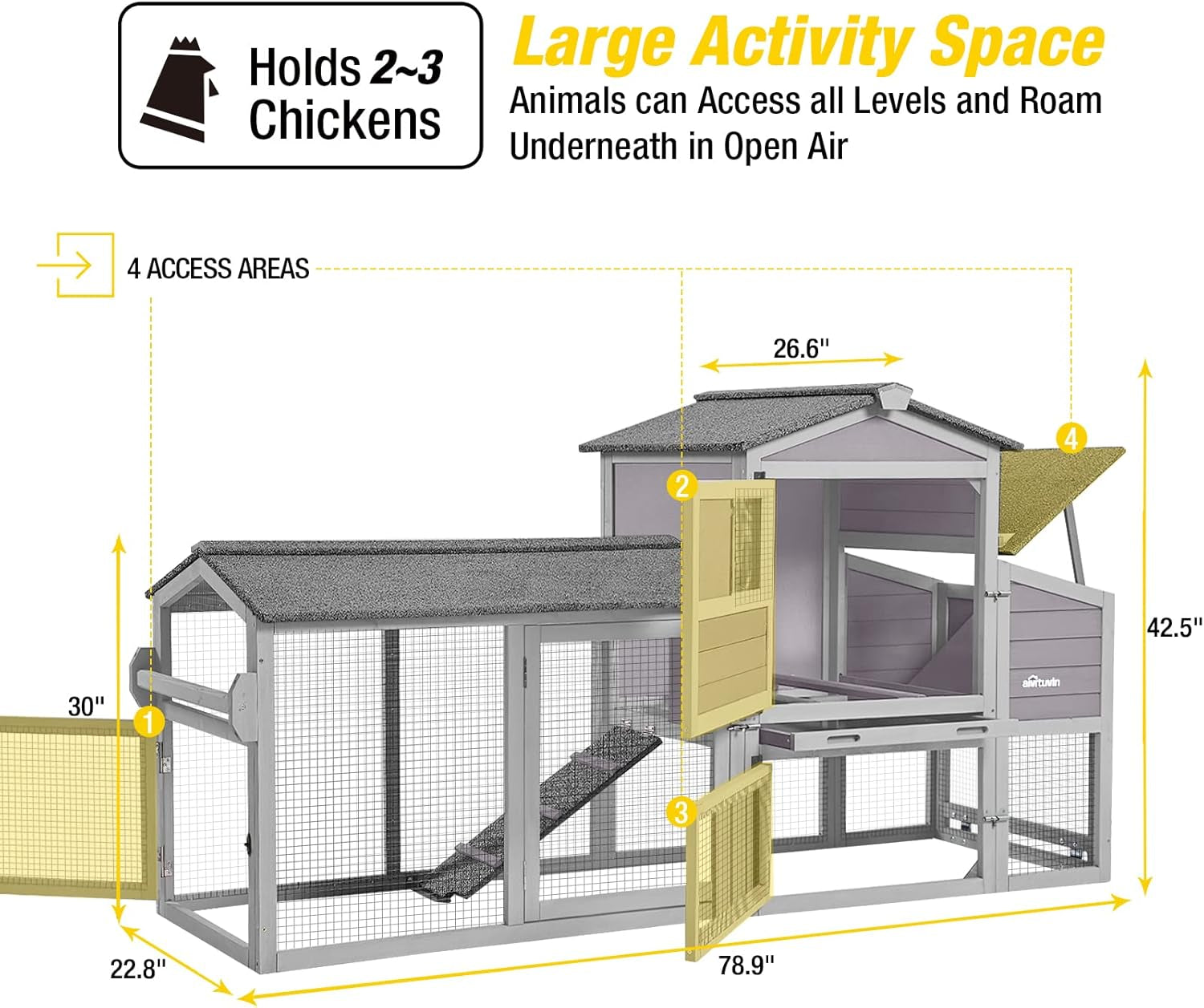 80in Chicken Coop Mobile Hen House Outdoor Wooden Poultry Cage with Wheels Nesting Box Run