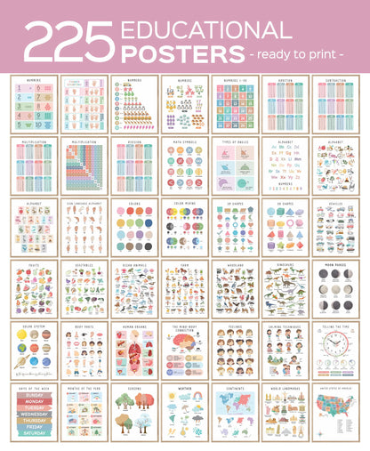 Set of 225 Educational Posters, Neutral Montessori Classroom Decor, Playroom, Homeschool Learning Prints, Homeschool Printable Toddler