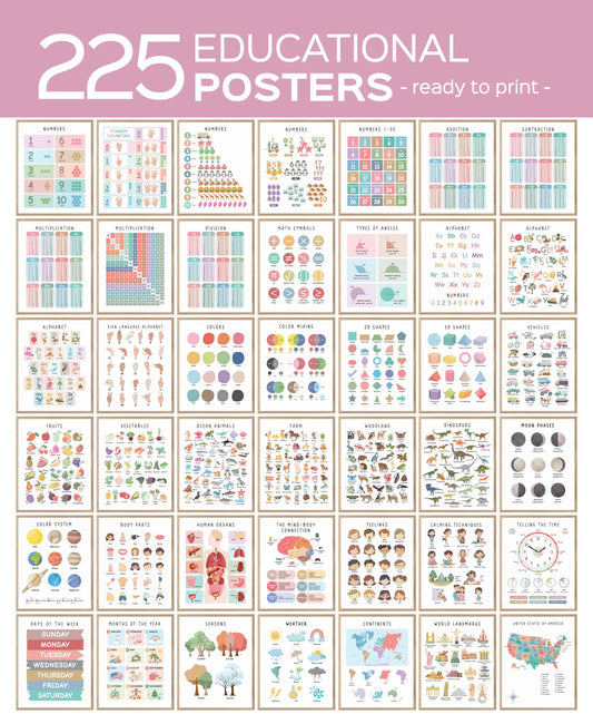 Set of 225 Educational Posters, Neutral Montessori Classroom Decor, Playroom, Homeschool Learning Prints, Homeschool Printable Toddler