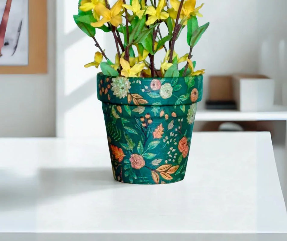Decoupage Terracotta Planter: Green Flower Pot 4 inch