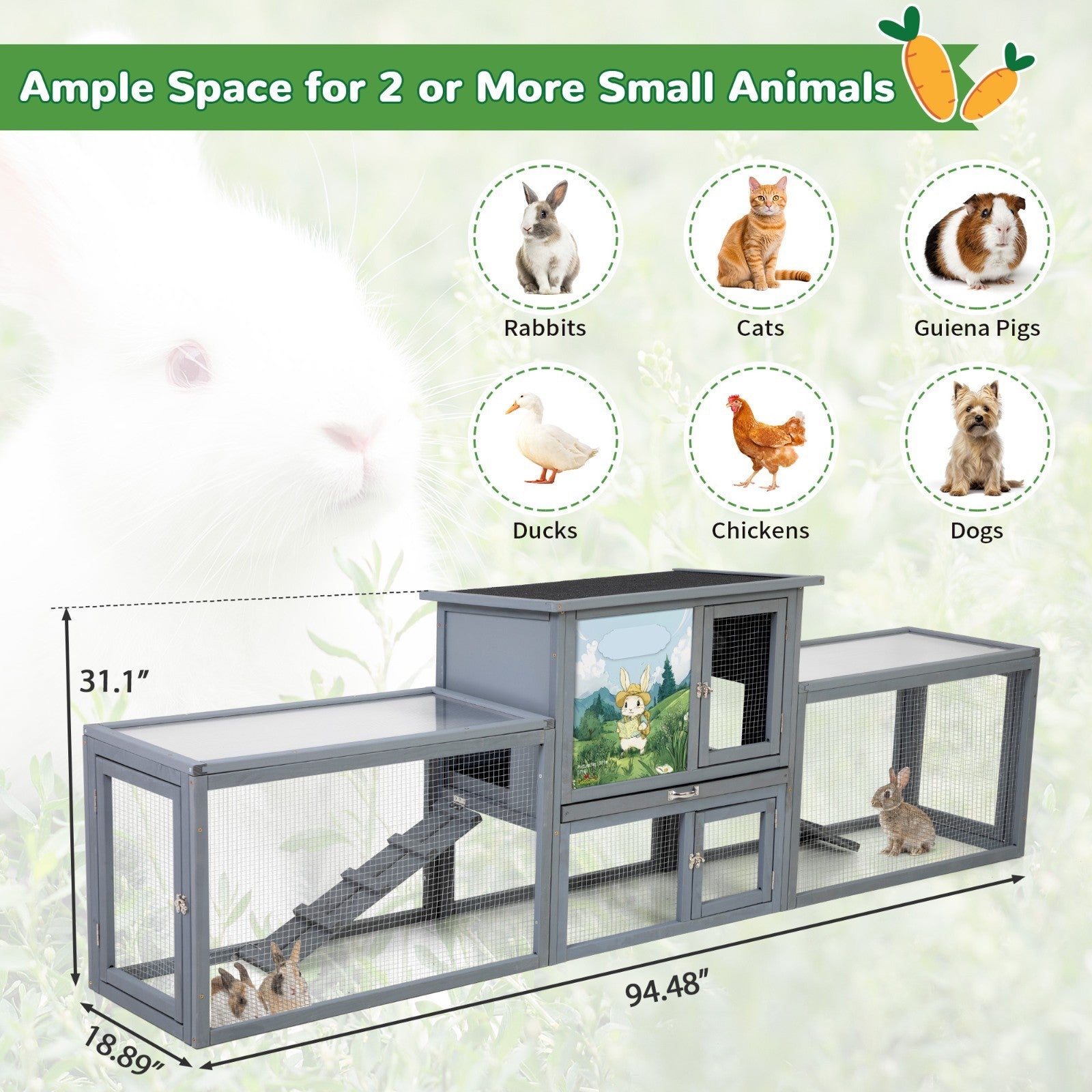 COZIWOW 94'' Large Wooden Rabbit Hutch with Pull Guinea Pig House Chincken Coop