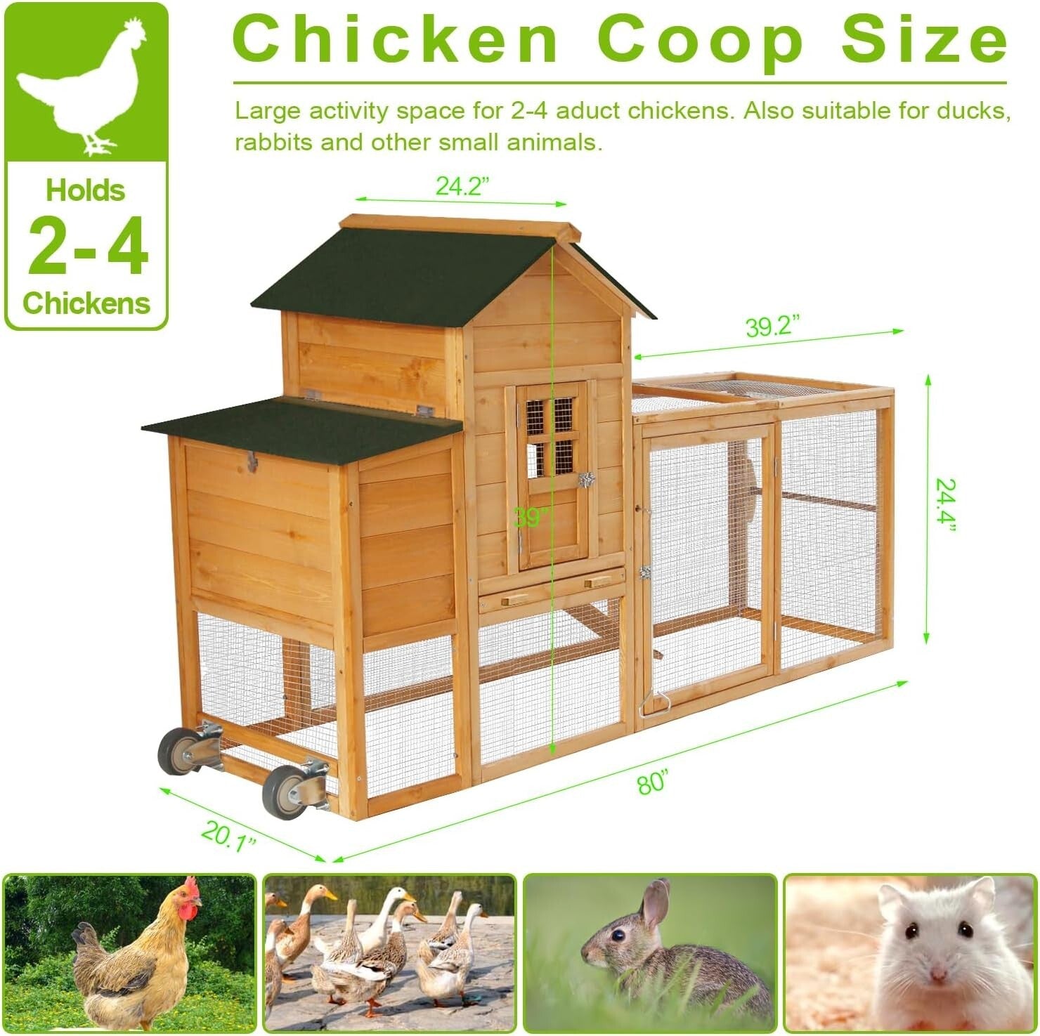 80'' Chicken Coop with Wheels,Mobile Chicken House for 2-4 Chickens w/Nest box