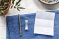 Olive tree cutting rooting kit flat-lay: a bare leafless olive cutting, a small vial of rooting powder and an instruction sheet on a table