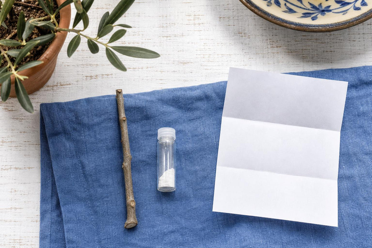 Olive tree cutting rooting kit flat-lay: a bare leafless olive cutting, a small vial of rooting powder and an instruction sheet on a table