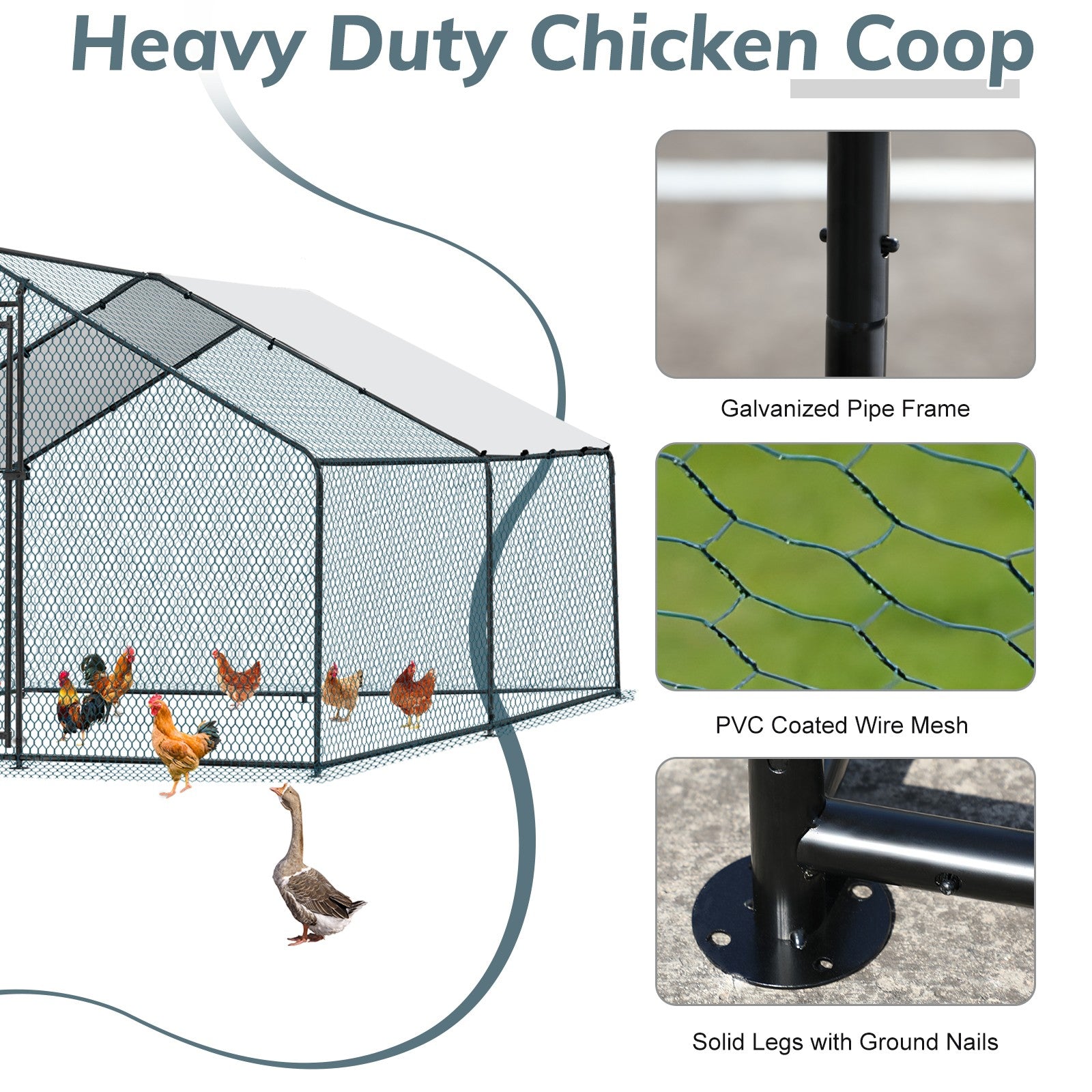 Metal Chicken Coop 6.5/10/13/20 FT Large Walk-in Hen Cage House with Cover Roof