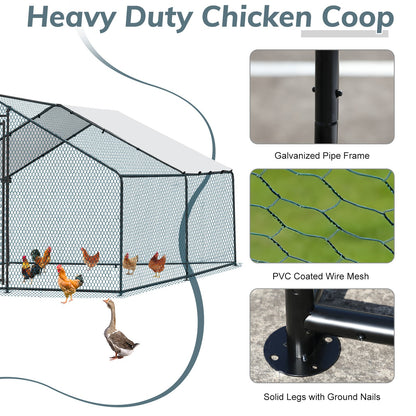 Metal Chicken Coop 6.5/10/13/20 FT Large Walk-in Hen Cage House with Cover Roof
