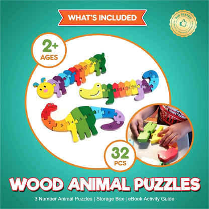 Thick Animal Wooden Puzzles for Toddlers - Colors and Counting Building Toys and Toddler Games - Montessori Toys Wood Blocks