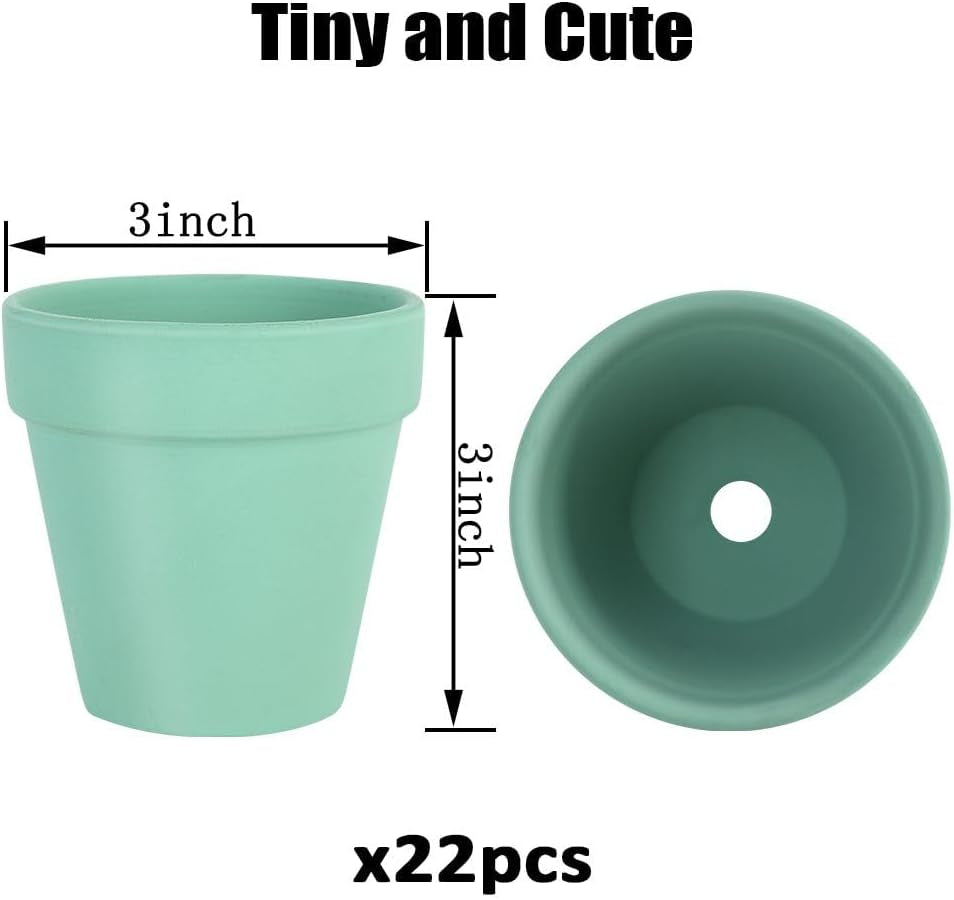 3 Inch Terracotta Pots - 22Pack Clay Flower Pots with Drainage Hole, Succulent Nursery Pot/Cactus Plant Pot. Great for Plants, Crafts, Wedding Favorn, DIY Production (Light green)