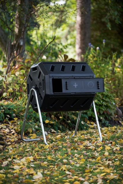 IM4000 Dual Chamber Tumbling Composter Canadian-Made, 100% Recycled Resin - Outdoor Rotating Compost Tumbler Bin for Garden, Kitchen, and Yard Waste, Black (37 Gallon)
