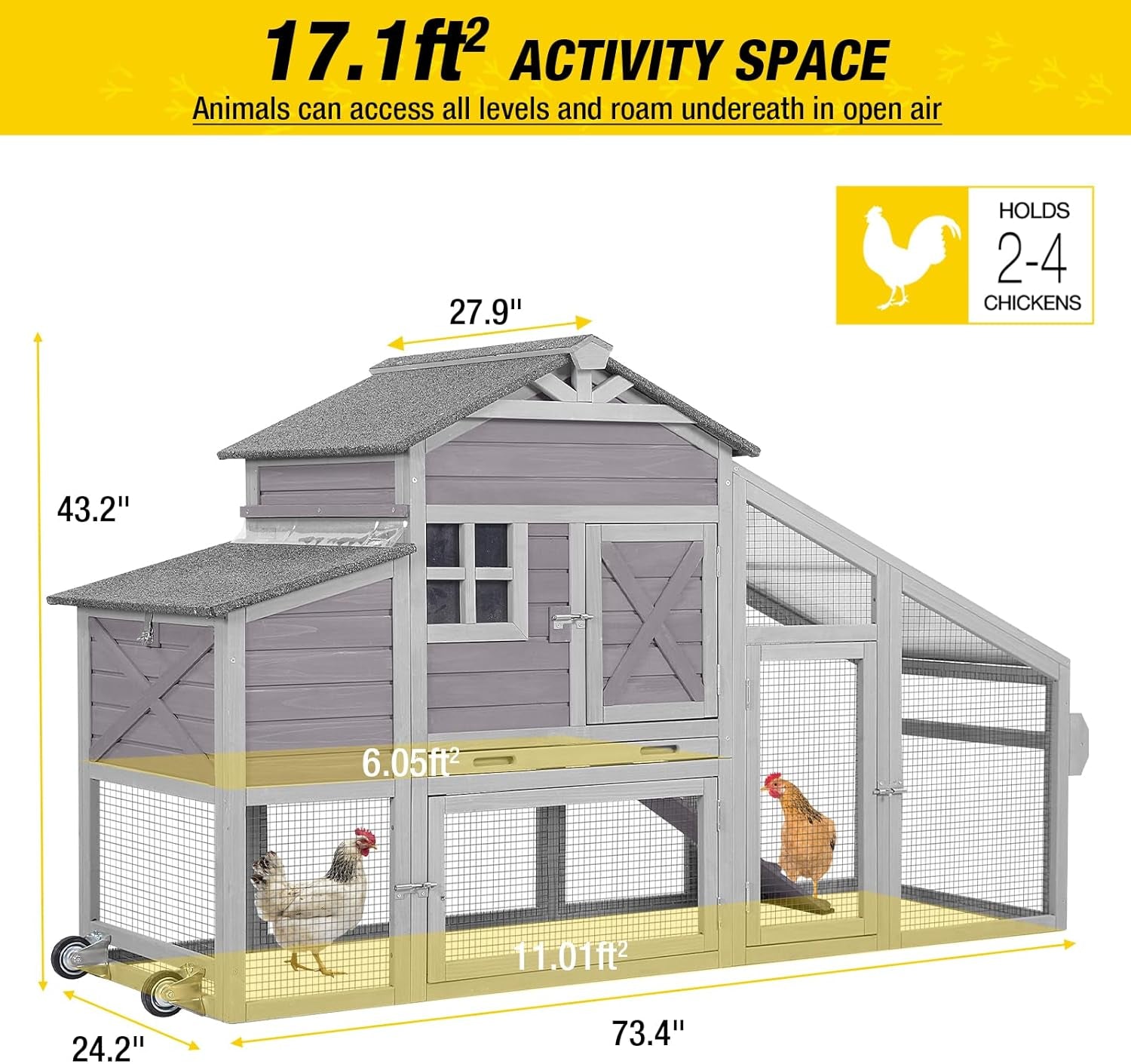 Chicken Coop Mobile Chicken House on Wheels Expandable Wooden Poultry Cage with Large Nesting Box Leakproof Pull-Out Tray Rabbit Hutch Bunny Cage,UV-Resistant Roof，Grey