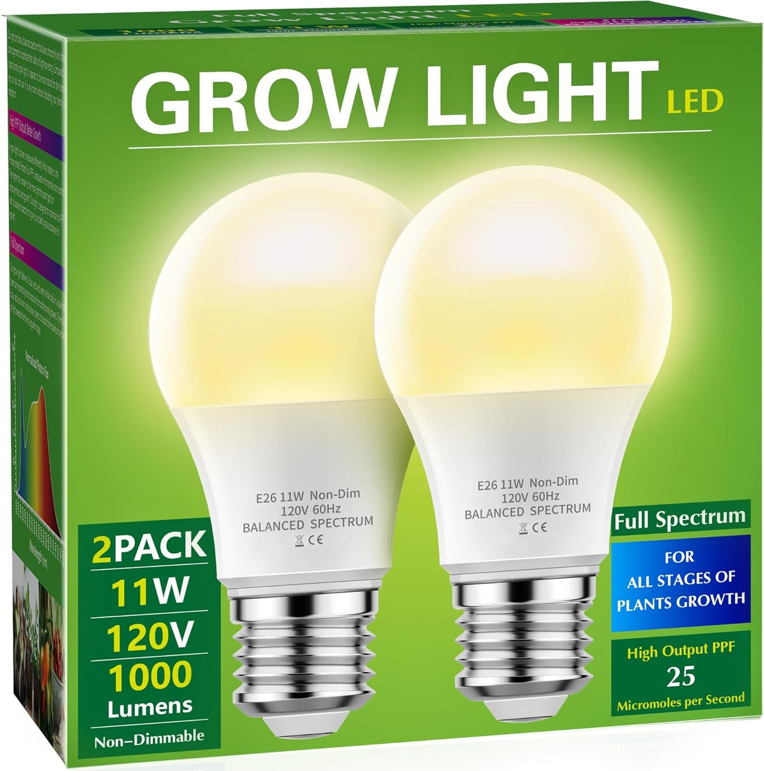 Grow Light Bulbs,  LED Grow Light Bulb A19 Bulb, Full Spectrum Grow Light Bulb, Plant Light Bulbs E26 Base, 11W Grow Bulb 100W Equivalent, Grow Light for Indoor Plants, Seed Starting, 2Pack