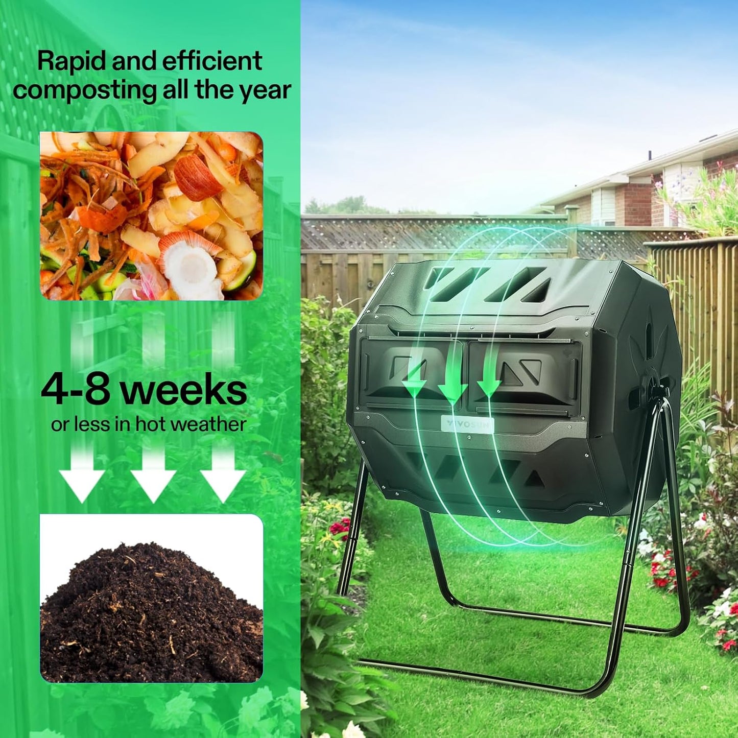 Outdoor Tumbling Composter Dual Rotating Batch Compost Bin, 43 Gallon Black Door