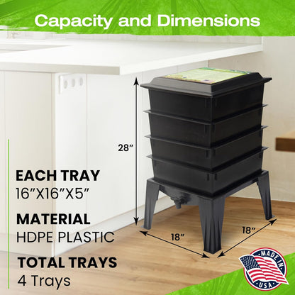 ® 360 Black US Made Composting System for Recycling Food Waste at Home – 4 Trays for Efficient Vermicomposting – Durable, Space-Efficient Design, Easy to Assemble, No Odor