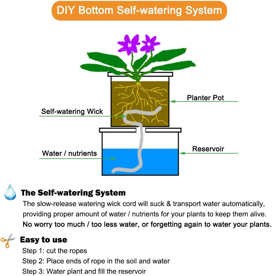 50ft 1/4 inch Plants Self Watering Capillary Wick Rope Cord DIY Vacation Potted Flower Sitter Hydroponic Wicking Planter Pot Garden Seeds Starting Seedling Automatic Waterer System Device Line