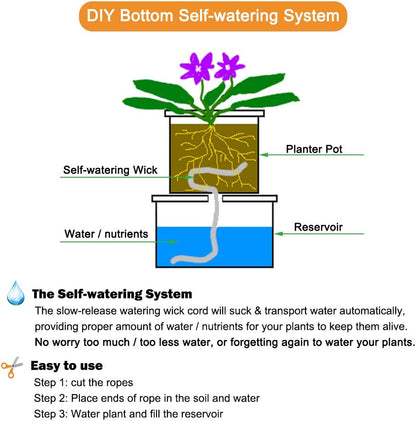 50ft 1/4 inch Plants Self Watering Capillary Wick Rope Cord DIY Vacation Potted Flower Sitter Hydroponic Wicking Planter Pot Garden Seeds Starting Seedling Automatic Waterer System Device Line