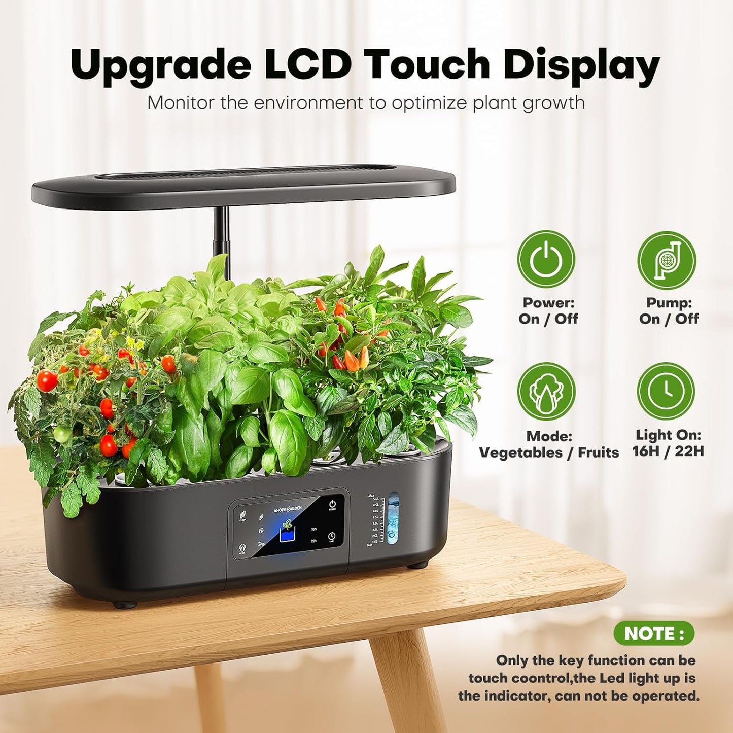 Hydroponics Growing System Kit Indoor Herb Garden with Grow Light 12 Pods, with LCD Touch Panel Hydroponic Planter, Planting Height Up to 17", Grower Harvest Fresh Veggie Lettuce, Black