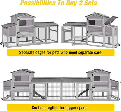 80in Chicken Coop Mobile Hen House Outdoor Wooden Poultry Cage with Wheels Nesting Box Run