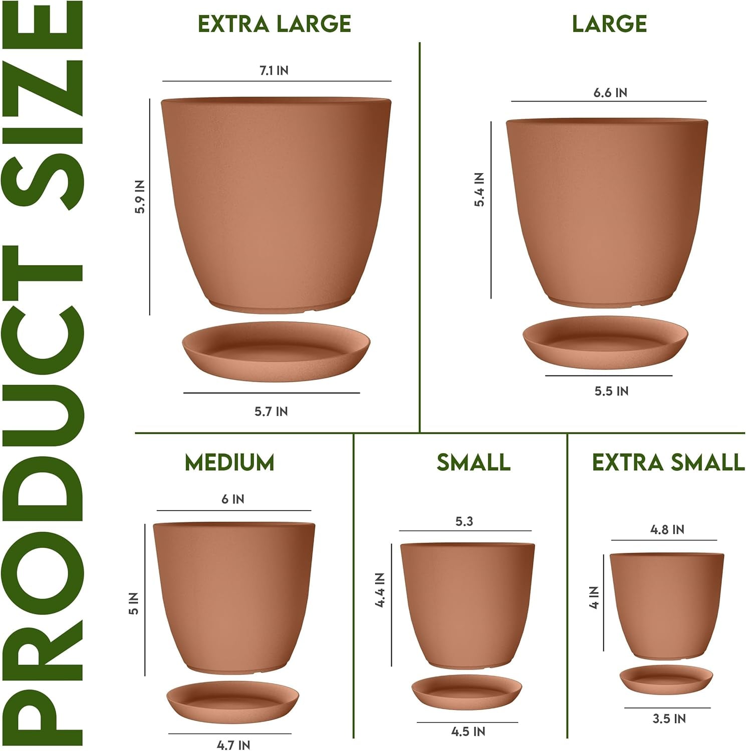 - Plastic Terracotta Pots with Drainage - 7/6.6/6/5.3/4.8 Inches Flower Pots for Indoor Planter - Pack of 5 Plastic Planters, Cactus, Succulents Pot