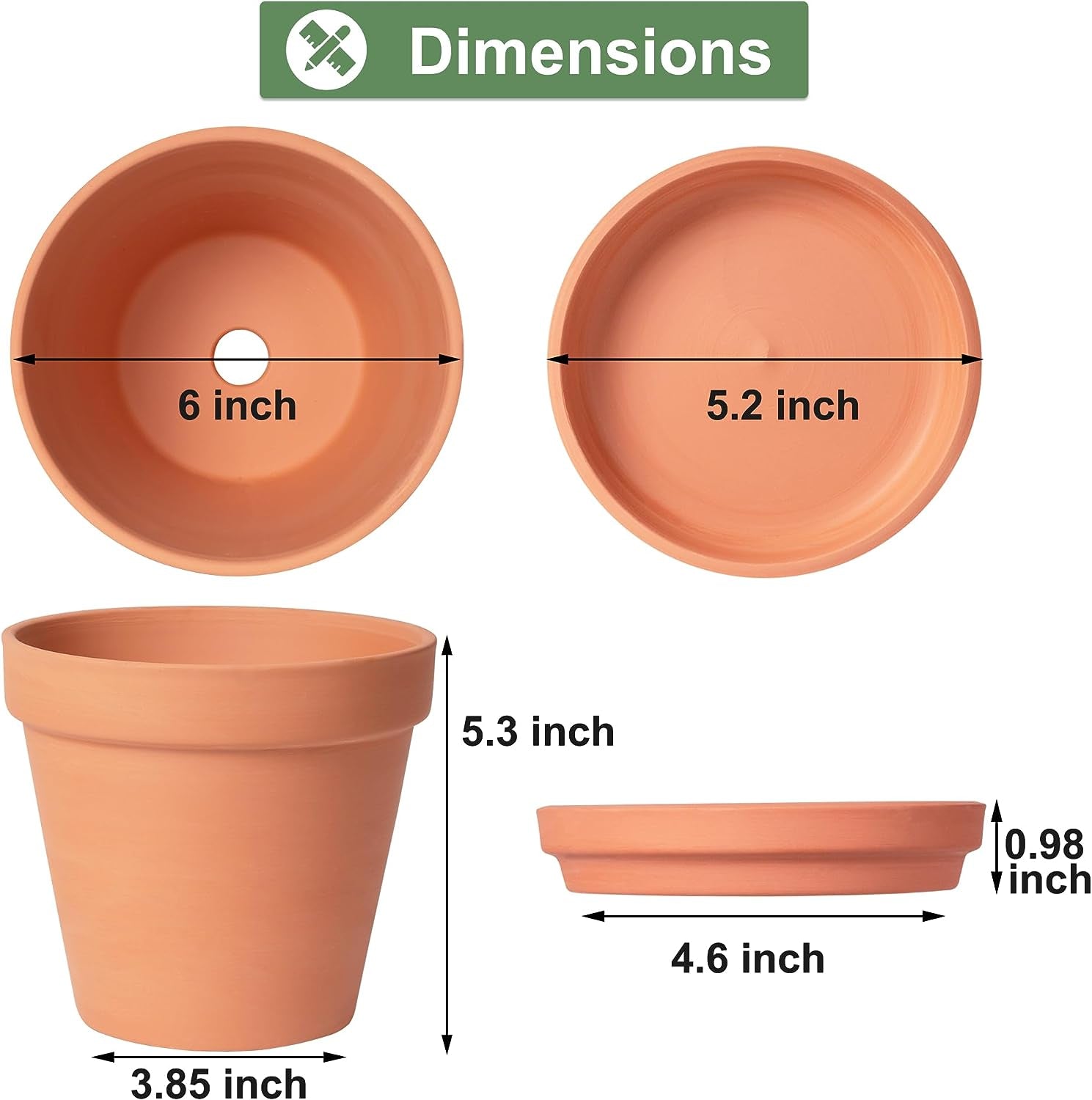 6 inch Terracotta & Clay Pots for Plants with Saucer, Medium Terra Cotta Plant Pots with Drainage Hole, Flowerpot with Tray, Terracotta Pot for Indoor Outdoor Plant - Pack of 4 Planters