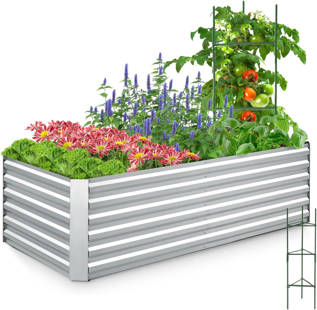 Galvanized Raised Garden Bed 6x3x2 Ft Metal Planter Box Bottomless for Backyard, Include 1 pc Tomato Cage, Silver