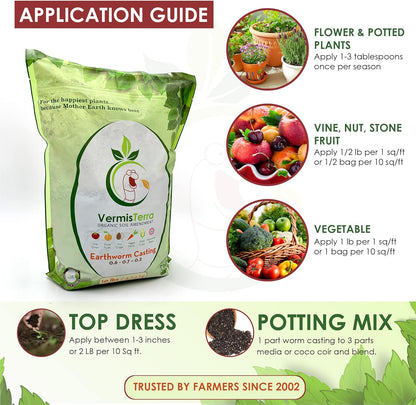 Earthworm Castings - (5 LB) 2.7 qts - 100% Organic Earthworm Castings - All Natural Plant Fertilizer - Soil Enhancer - Potting Mix for Plants, Vegetables, Flowers, Indoor + Outdoor