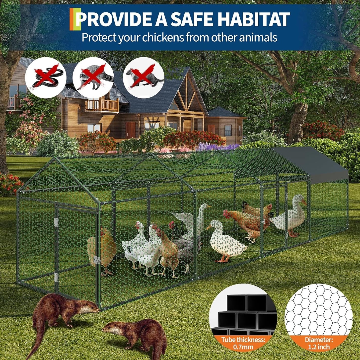 Metal Chicken Coop Walk In Chicken Run Outdoor Hen House Habitat Cage W/ Cover