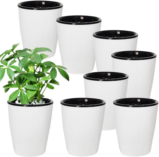 8 Pack 4 Inch Self Watering Plastic Planter with Inner Pot White Flower Plant Pot,Modern Decorative Flower Pot for All House Plants,Flowers,Herbs,African Violets