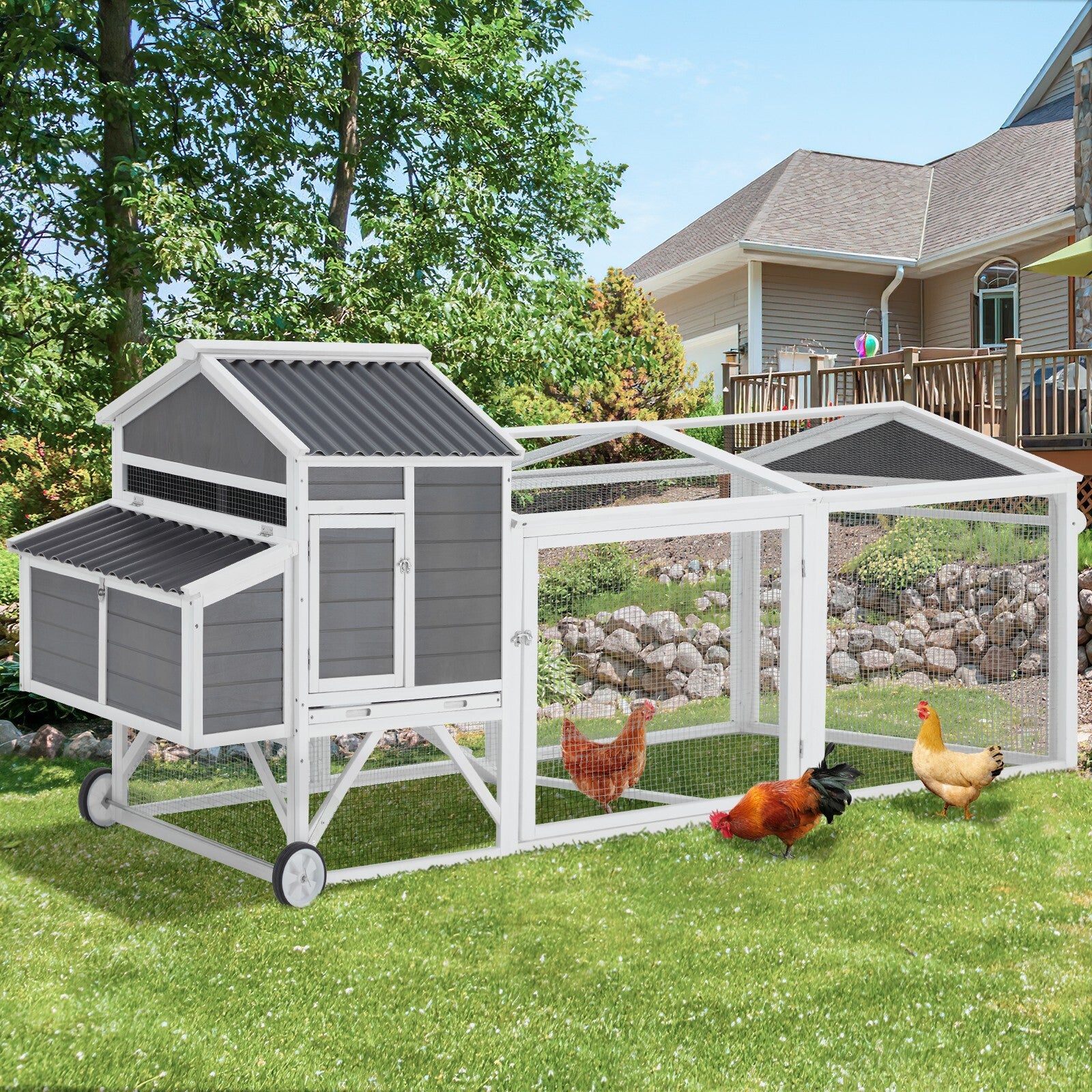 95" Chicken Coop Hen House Wooden Chicken Hutch Poultry Cage W/ Run Nesting Box